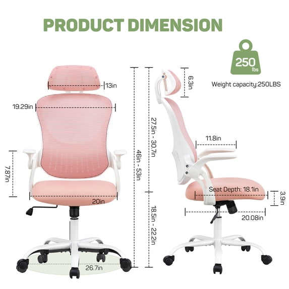 Ergonomic Office Desk Chair, High-Back Mesh Computer Chair with Adjustable Headrest, Lumbar Support, Flip-Up Armrests, Swivel Rolling Task Chair for Home Office