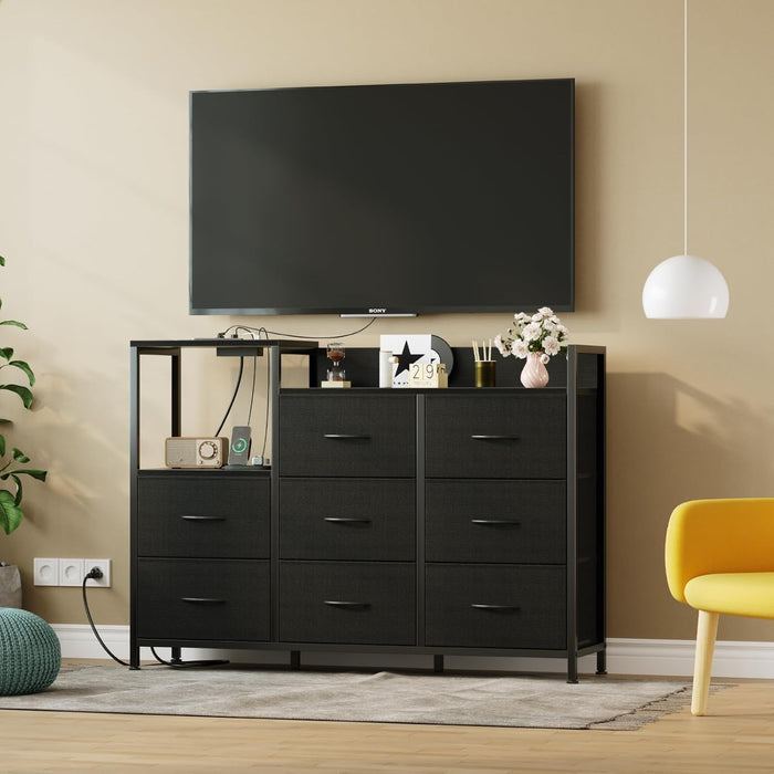 Blorly 8-Drawer Console for Wall-Mounted TV, 48" Media Dresser with Built-in Charging Station, Heavy-Duty 1.5mm Steel Frame, Minimalist Under-TV Storage for Bedroom & Living Room,Black