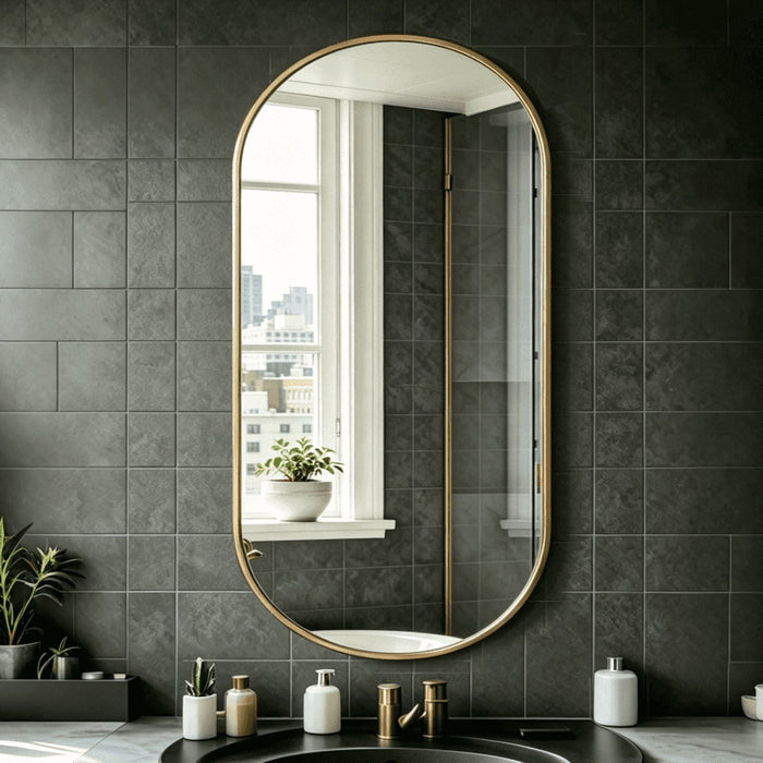 Taoset Modern Oval Wall Mirror, 24"X48" Matte Black Metal Frame Mirror for Bathroom Vanity, Entryway, Living Room, HD Reflection Rust-Resistant Decorative Hanging Mirror, Gold