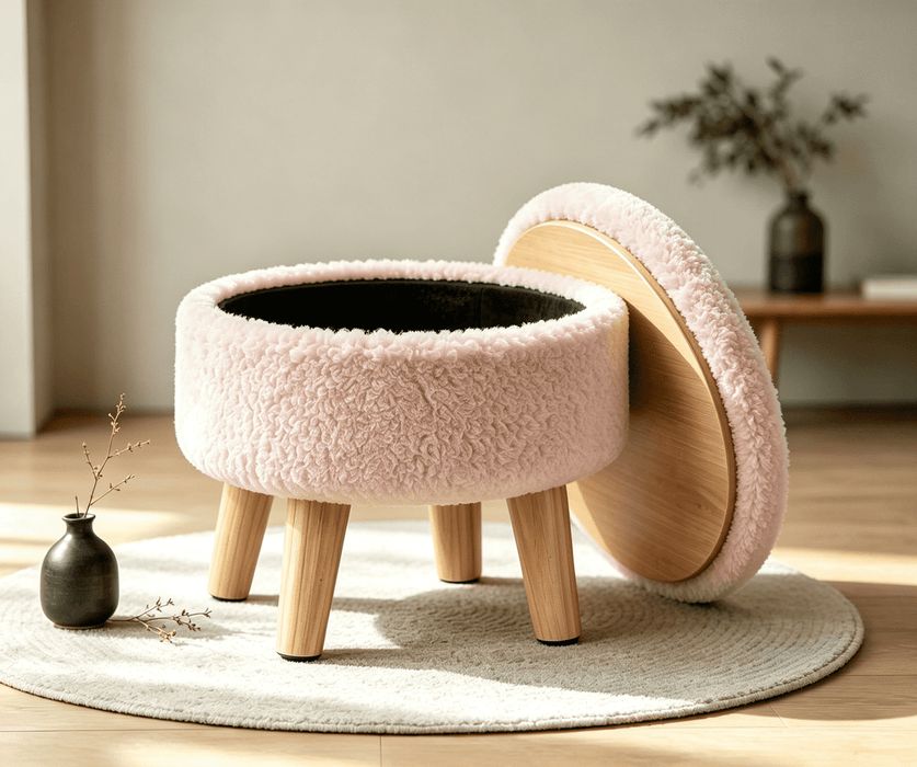 Taoset Small Round Ottoman, Reversible Upholstered Footstool with Storage, Pink