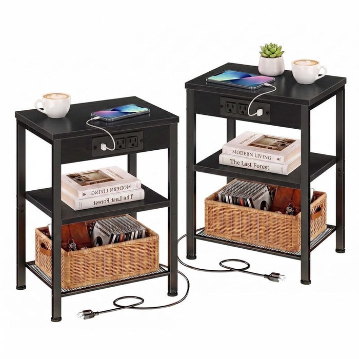 Taoset 3-Tier Smart Side Table with Power Outlet and USB Ports, Charging Nightstand with Mesh Shelf for Bedroom, Living Room, Dorm, and Small Spaces, Black