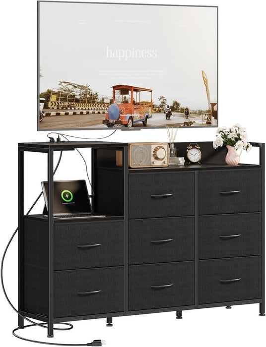 Simenmax 47 Inch TV Stand with Charging Station, Entertainment Center with 8 Fabric Drawers, Media Console Table for Living Room, Bedroom, Hallway,Black