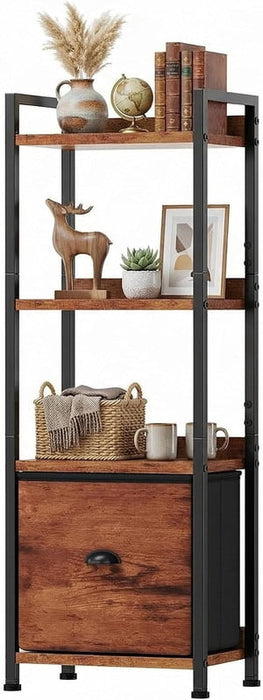 Bigleap 4-Tier Narrow Bookshelf with Fabric Drawer, Tall Slim Bookcase for Small Spaces, Industrial Storage Rack for Living Room, Bedroom, Home Office, Brown
