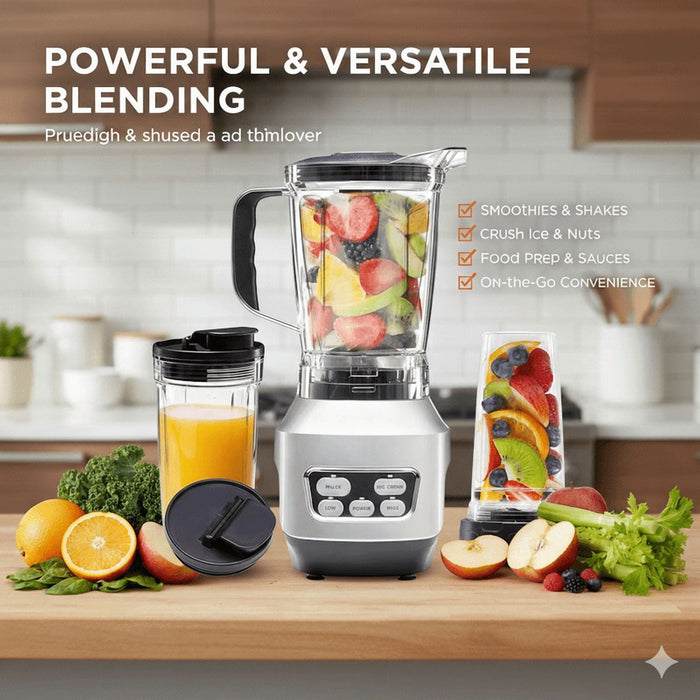 Taoset Countertop Blender for Kitchen, 1200W Powerful Smoothie Blender with 1.5L Jar and Portable Travel Cup, 6-Blade System for Ice Crushing, Shakes & Smoothies, 21,000 RPM, Silver