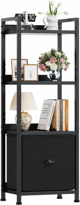 Simenmax 4-Tier Bookshelf, Floor Standing Storage Rack with Fabric Drawer, Space-Saving Bookcase for Bedroom Living Room Home Office,Black