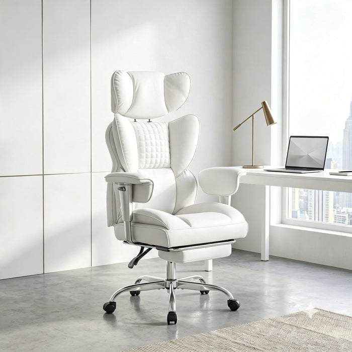 High‑Back Executive Office Chair，Retractable Footrest & Adjustable Armrest，Big & Tall Gaming Chair with Thicken Seat，350lbs Weight Capacity，PU Leather，135° Recline, White