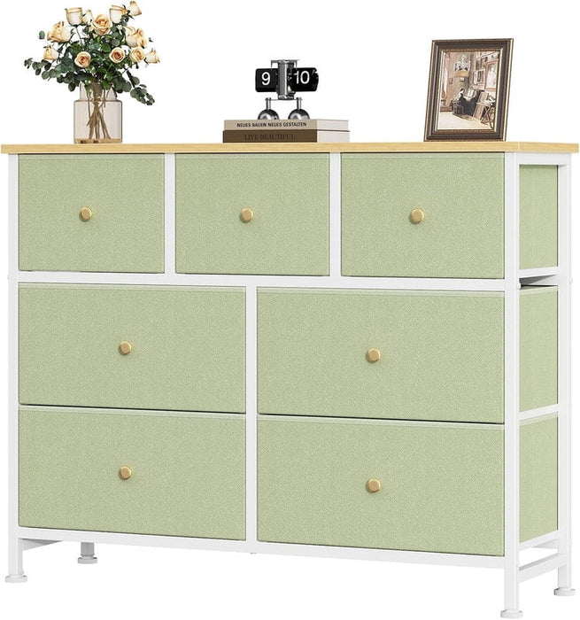 Simenmax 7 Drawer Dresser for Bedroom, Fabric Storage Dresser for Bedroom, Wood and Metal Dresser TV Stand for Living Room, Entryway,Light Green