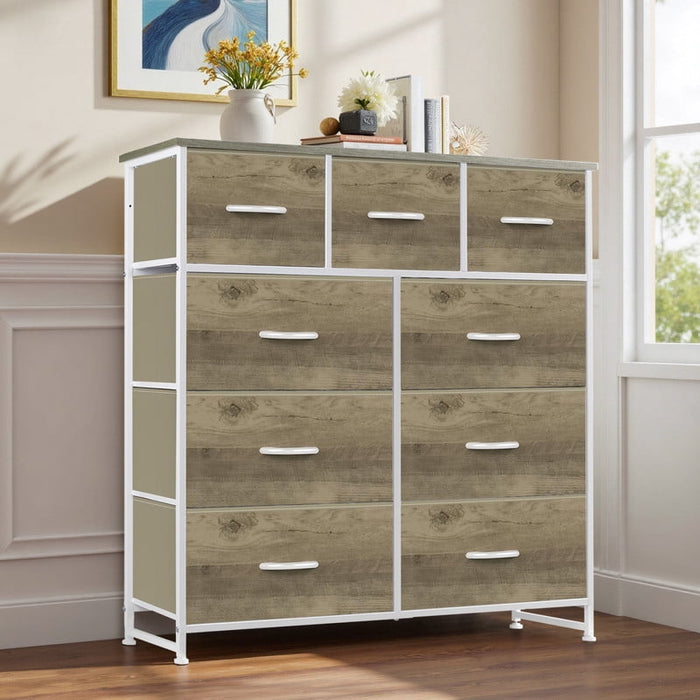 Ethovia 9-Drawer Fabric Storage Dresser, Sturdy Steel Frame with Wooden Tabletop, Wide Foldable Bins, Perfect for Bedroom, Hallway, and Entryway, Smoked Ash