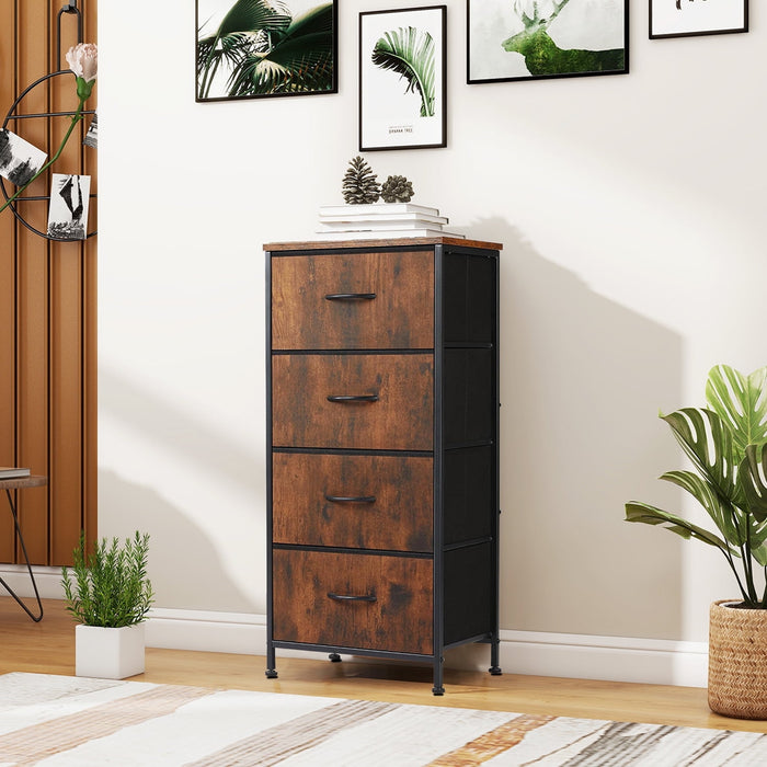 TINKLE WELL Storage Drawers, Fabric Dresser, Skinny Fabric Storage Tower with 4 Drawers, Tower Organizer Unit, Wooden Board and Steel Frame, Rust