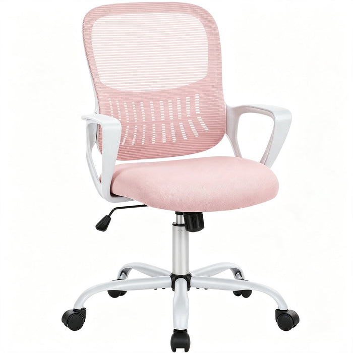 Taoset Mesh Office Task Chair with Fixed Armrests, Height Adjustable Swivel Computer Desk Chair for Home Office, Pink
