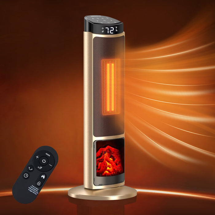 Betcozy Tower Space Heater with Flame Effect- 1500W Heating Electric Heater with 7 Light Modes, 70掳 Oscillation, Remote Control for Indoor Use (Gold)