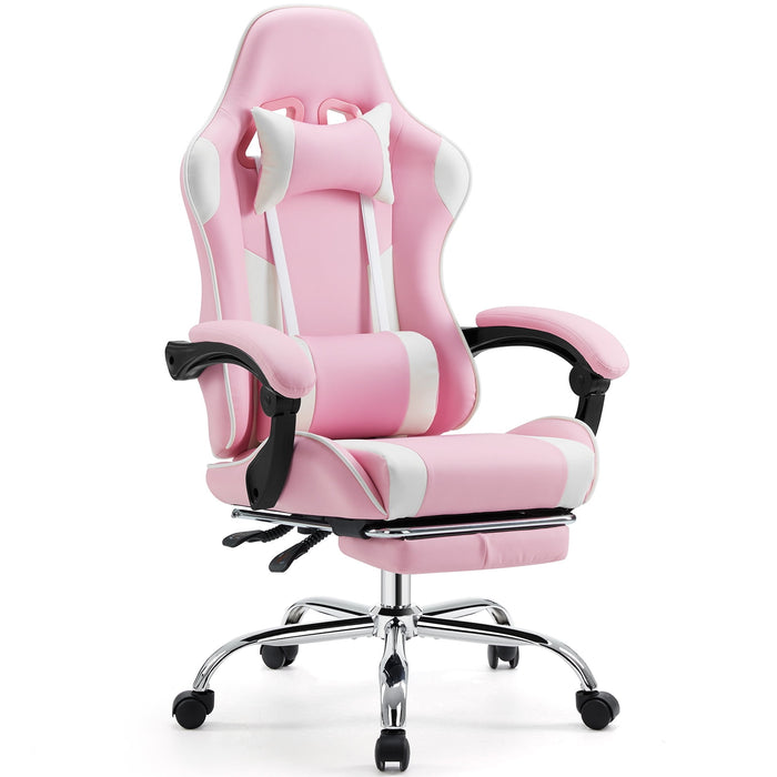 Taoset Gaming Chair with Retractable Footrest, with Headrest & Lumbar Pillow, Fixed Armrest for Gaming Room Napping, Pink
