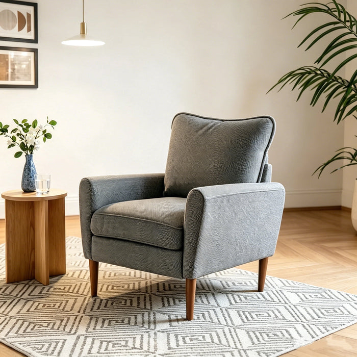 Modern Accent Chair with Armrests, Fabric Upholstered Comfy Single Sofa with Solid Wood Leg for Living Room, Gray