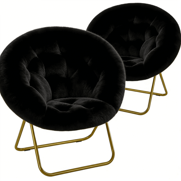 Blorly Accent Chair Sets, Folding Living room Saucer Chair with Faux Fur Padded for Lounge Reading, Metal X-Large, Black, 2 PCS