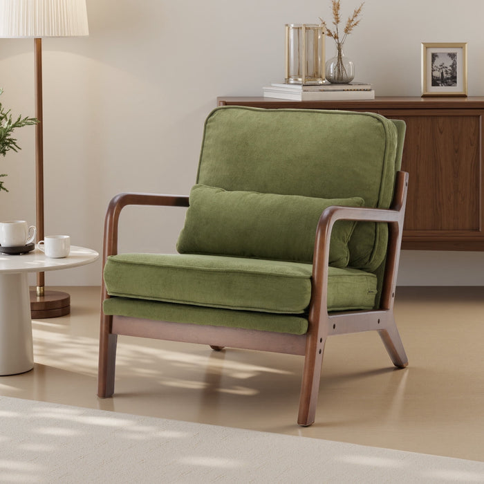 Taoset Mid-Century Modern Accent Chair, Beautiful Aesthetic Armchair with Chic Wooden Frame & Premium Lumbar Pillow, Exceptionally Comfy Textured Linen Reading Lounger for Living Room, Bedroom, Green