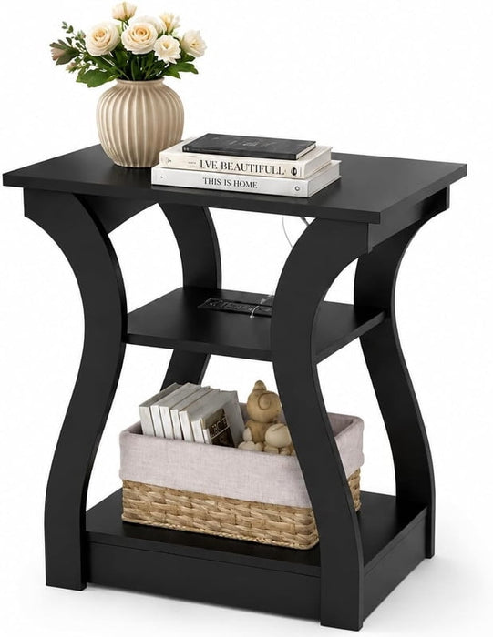 Simenmax 3-Tier Nightstand with Charging Station, Black Narrow End Table for Bedroom, Small Space Side Table with Storage Shelf