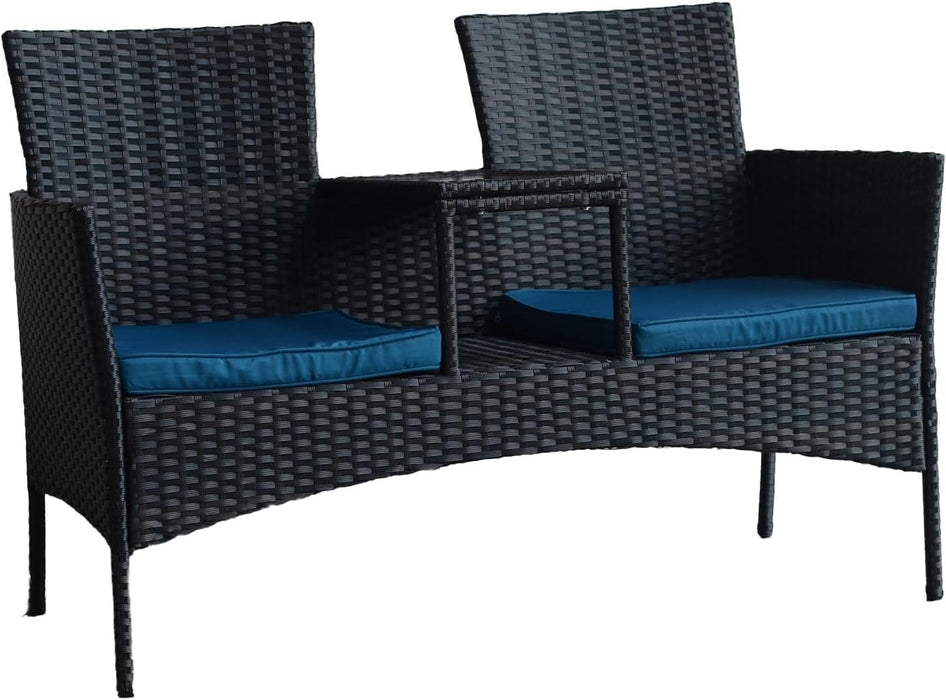 TINKLE WELL TINKLE WELL 2-Person Wicker Loveseat Outdoor Furniture Set with Built-In Table, Brown Dark Blue