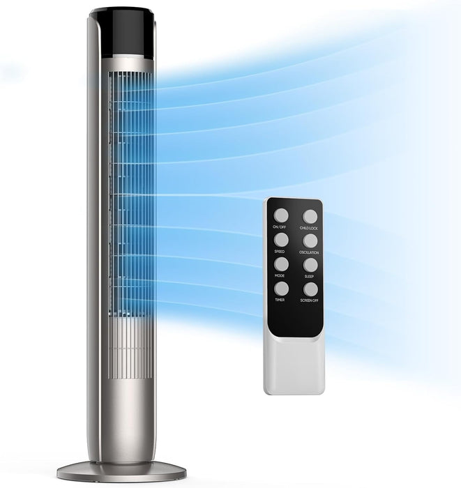 Betcozy Tower Fan for Bedroom, Standing Fan with 28dB Quiet for Sleep, Remoter, 12H Timer, 25ft/s Velocity, 5 Speeds, 4 Modes, 60掳 Oscillation for Home, Office, Indoor, Bladeless 35 inch, Silver