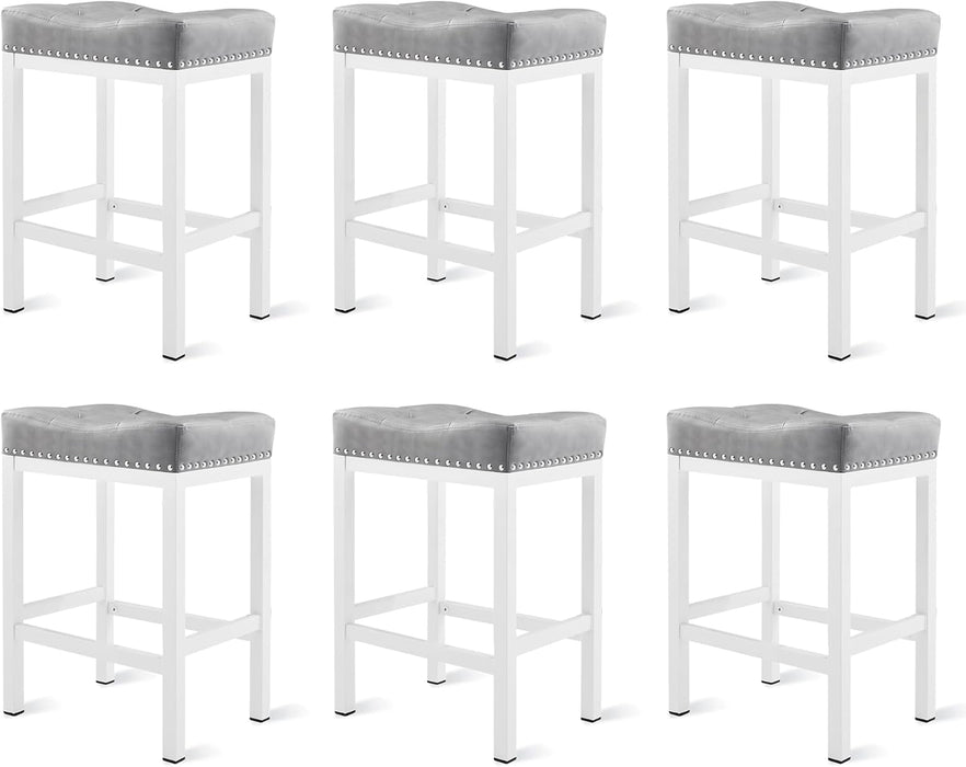 Blorly Saddleback Bar Stools, Backless Counter Stools, Metal Base with Modern PU Leather Saddle Seats, Gray, Set of 6