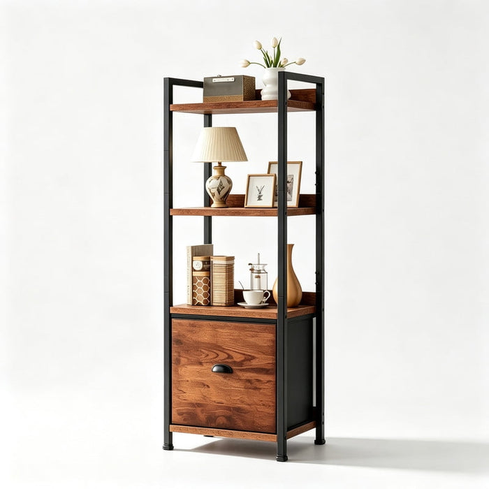 Taoset Display Bookcase, 4-Tier Modern Vertical Bookshelf with Drawer for Living Room, Brown