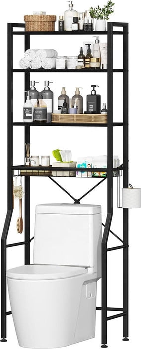 Simenmax Over-The-Toilet Storage Rack, 4-Tier Bathroom Organizer with Adjustable Shelves, Space-Saver Shelf Unit with Paper Holder & Hooks,Black