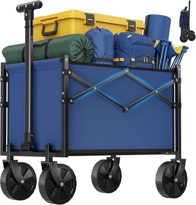 Simenmax Heavy Duty Collapsible Wagon Cart, 220 lbs Capacity All-Terrain Folding Wagon Portable Gear Cart for Camping, Beach, Gardening, Grocery Shopping, Blue