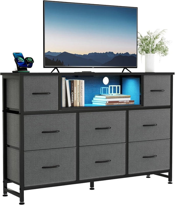 Simenmax LED TV Stand for 45-55 Inch TV, Entertainment Center with 8 Fabric Drawers & Open Shelves, Charging Station with 2 USB & 2 AC Outlets, Gray