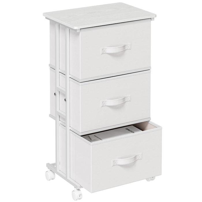 Betcozy 3-Drawer Storage Dresser with Wheels,, Classic Bedroom Dresser for Clothes & Nursery Organization, Stable Metal Frame, Wooden Top, White