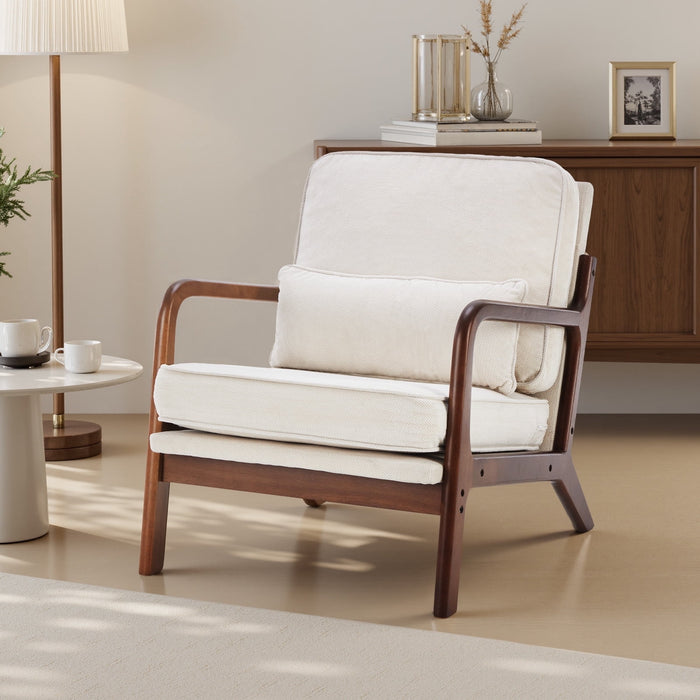 Taoset Mid-Century Modern Accent Chair,Aesthetic Armchair with Chic Wooden Frame & Premium Lumbar Pillow, Exceptionally Comfy Textured Linen Reading Lounger for Living Room, Bedroom, Oatmeal White