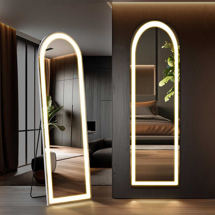 Blorly Arched Full Length Mirror with LED Lights, 60"x16" Lighted Floor Standing Mirror with Stand