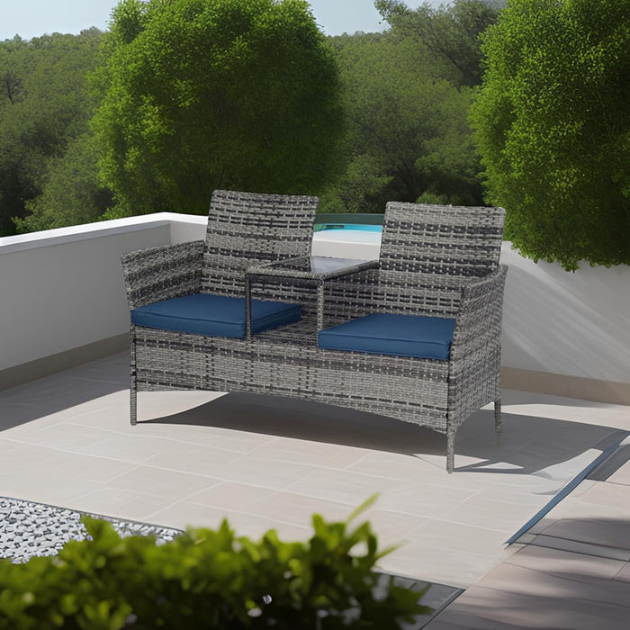 TINKLE WELL TINKLE WELL 2-Person Wicker Loveseat Outdoor Furniture Set with Built-In Table, Gray Blue