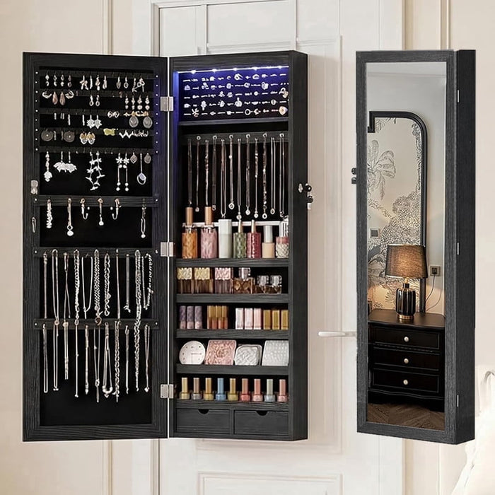 Nextay 47.2" LED Lockable Jewelry Cabinet, Wall/Door Mount Full-Length Mirror & Large Storage Armoire with Drawers, Black