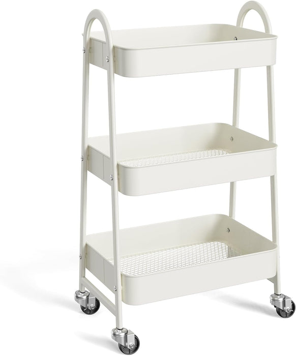 TINKLE WELL Multi-Purpose Rolling Utility Cart, 3-Shelf Duty Metal Organizer with Locking Wheels and Handle, Mobile Storage for Home Kitchen, Bathroom & Office