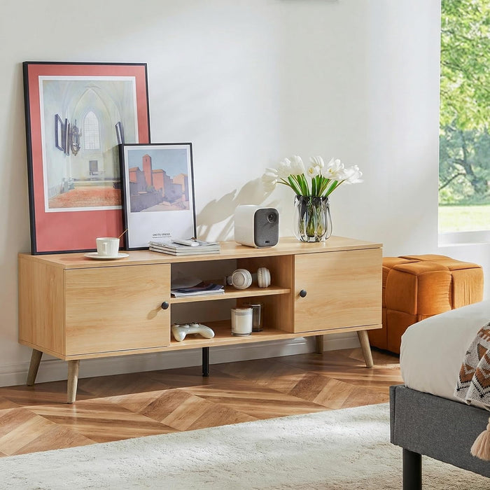 Blorly Mid-Century Modern TV Stand for TVs up to 60", Wood Entertainment Center with Storage Cabinets and Open Shelves, Natural Oak