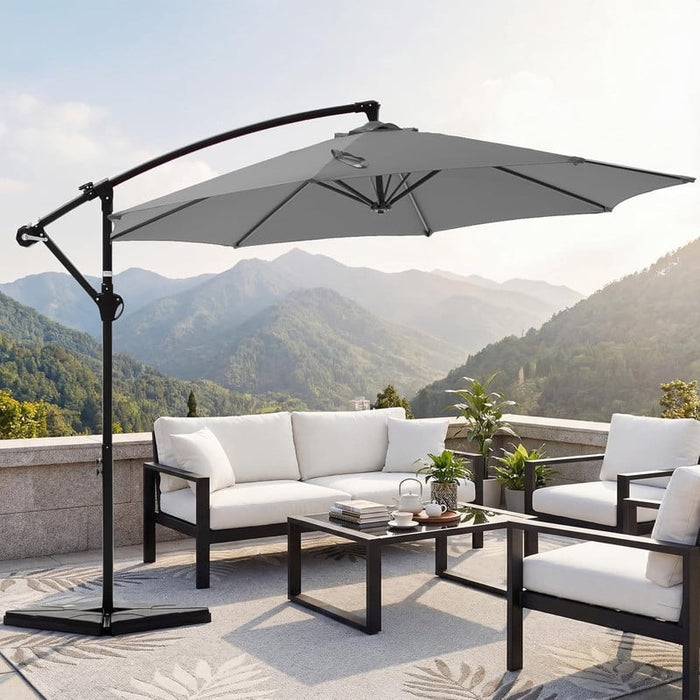 Simenmax 9.8FT Offset Cantilever Umbrella with Base, Patio Hanging Umbrella for Outdoor Shade for Backyard, Pool, Garden (Gray）