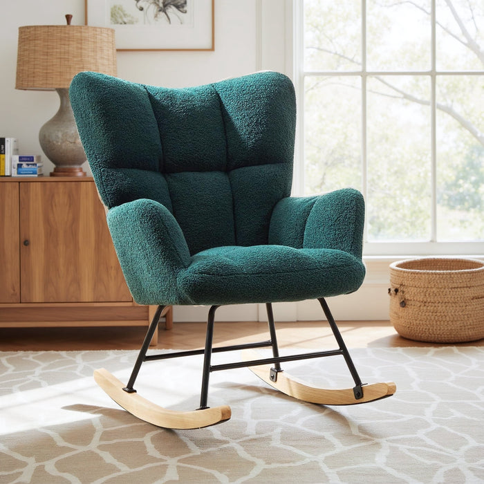 Taoset Rocking Chair, Indoors Glider Accent Armchair with High Backrest for Nursery, Bedroom, Teddy Fabric with Solid Wood Legs, Green