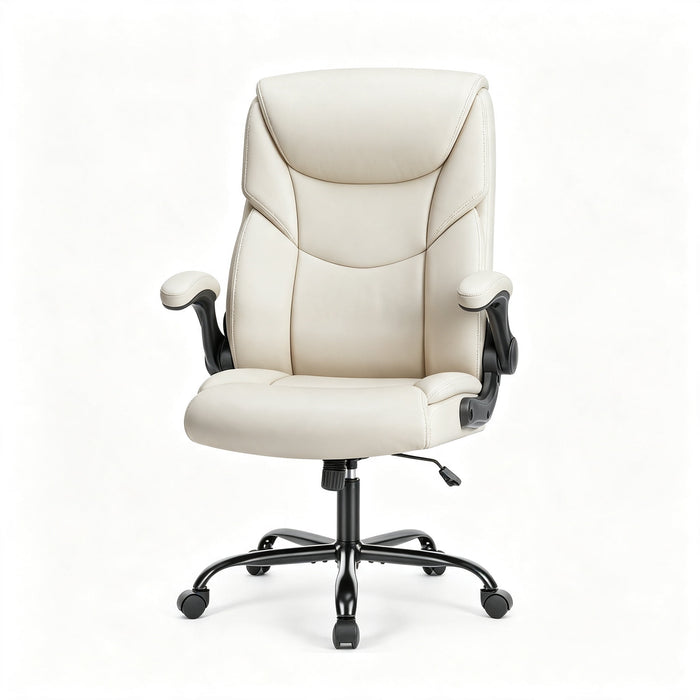 Taoset Executive Office Chair, High Back Leather Desk Chair with Space-Saving Flip Up Armrests, Adjustable Rocking Swivel Computer Task Chair for Home Office, White