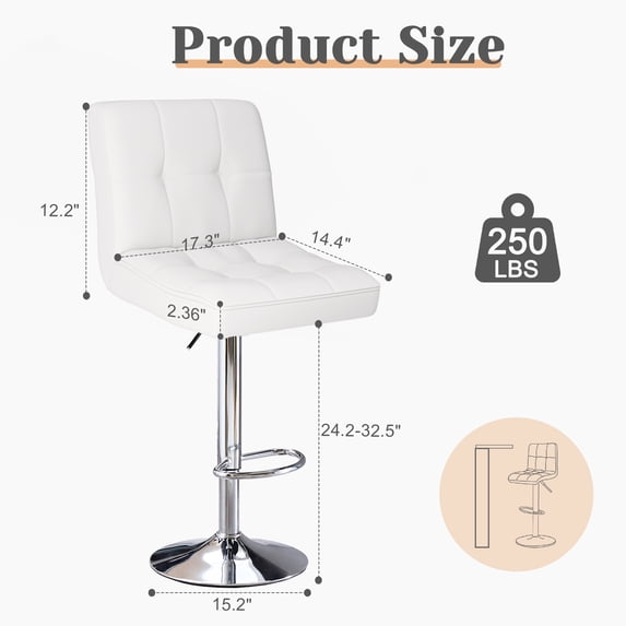 Bar Stools Set of 2, Adjustable PU Leather Barstools with Back, Swivel Armless Counter Height Chairs for Kitchen Island & Dining Room