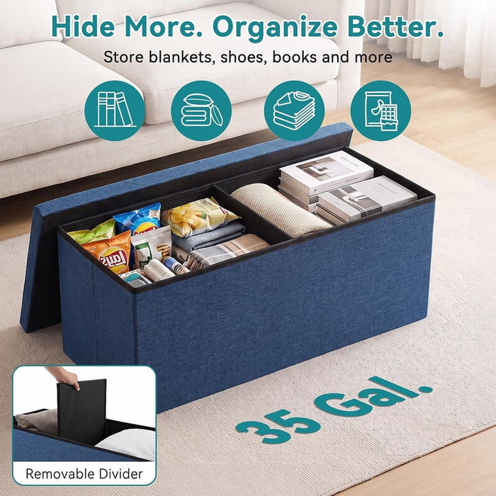 Nextay 43" Folding Storage Ottoman Bench, Linen Fabric Footrest Stool with Hidden Storage, Blue