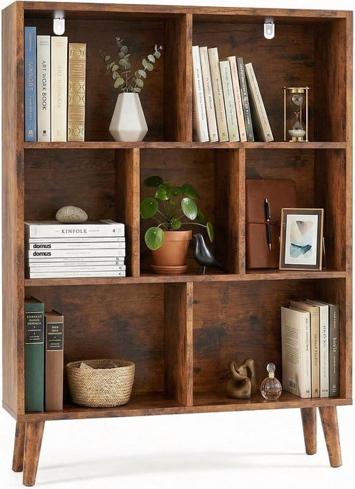 Simenmax 7-Cube Bookshelf, 3-Tier Modern Wood Bookcase with Legs, Open Storage Shelf for Living Room, Bedroom, Office, Brown