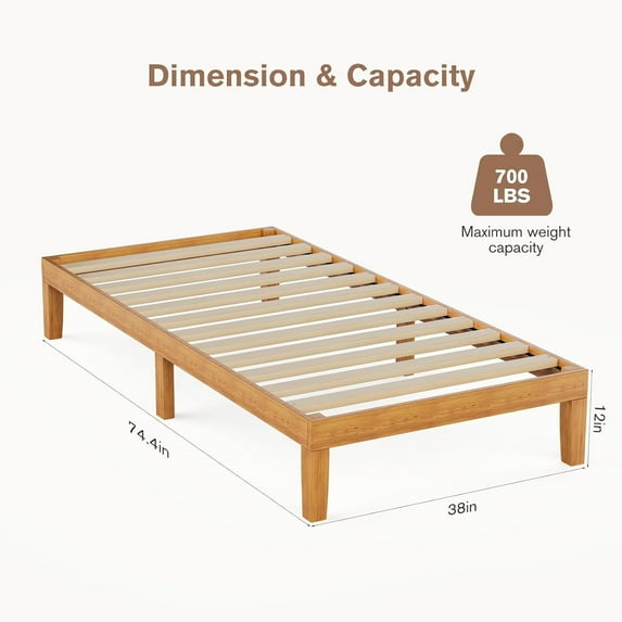 Parcus Solid Wood Bed Frame, 12-inch Noise Free Design Bed Frame Base, Natural Pine Bed Frame with No Box Spring Needed, Sturdy Wood Slat Support Bedroom Furniture, Easy Assembly