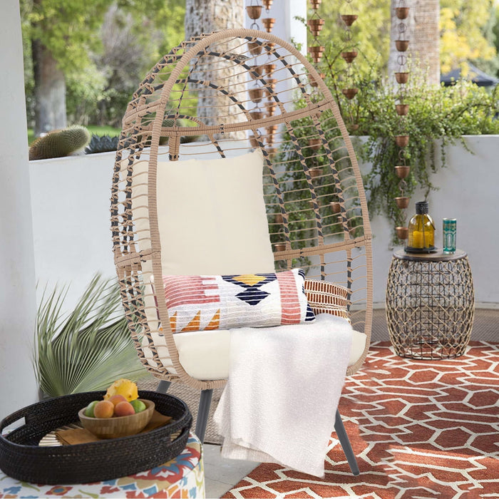 Betcozy Egg Chair With Stand, Outdoor Patio Chair for Relaxing, Reading, Conversation, Wicker Rattan Lounge Chair With Cushion for Indoor, Living Room, Backyard, Balcony, Beige