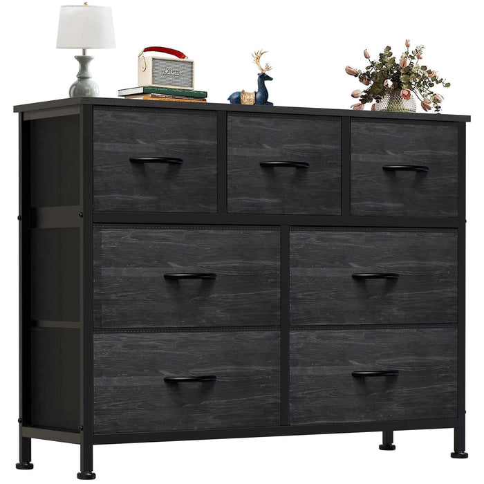 Ethovia 7-Drawer Fabric Storage Dresser, Sturdy Steel Frame with Wooden Tabletop, Wide Foldable Bins, Perfect for Bedroom, Hallway, and Entryway, Black-W