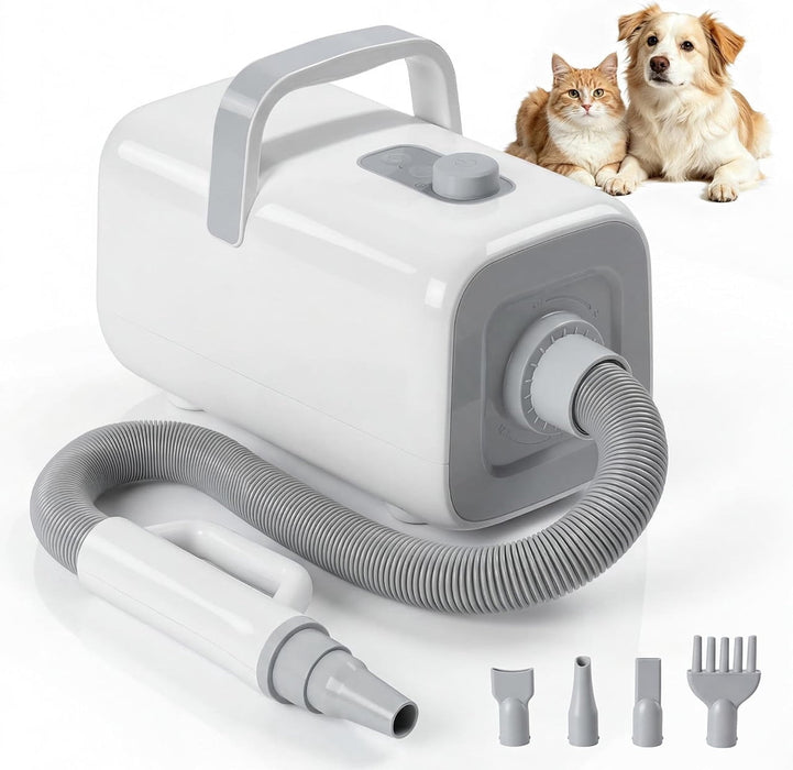 Simenmax Pet Grooming Dryer, 1550W Low-Noise Dog & Cat Blow Dryer with 9 Heat/Speed Settings, Cool-Warm-Hot Cycle, 4 Nozzles, 6.5FT Hose, White