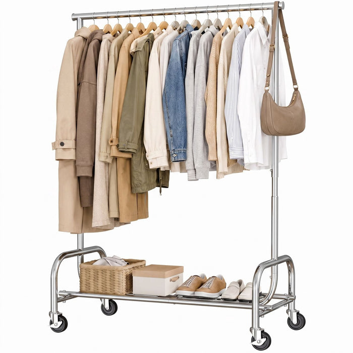 Taoset Extendable Rolling Garment Rack, Heavy‑Duty Clothing Rack with Wheels & Bottom Storage Shelf, Silver