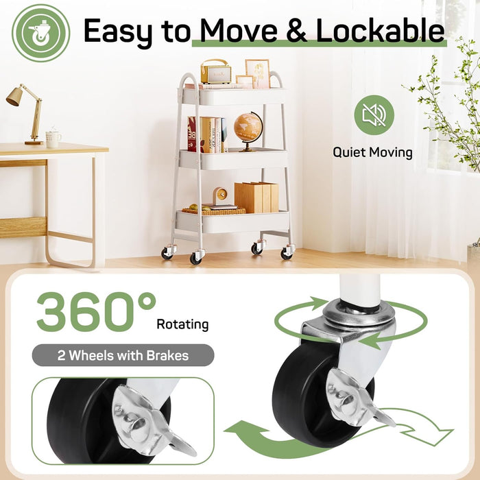 TINKLE WELL Multi-Purpose Rolling Utility Cart, 3-Shelf Duty Metal Organizer with Locking Wheels and Handle, Mobile Storage for Home Kitchen, Bathroom & Office