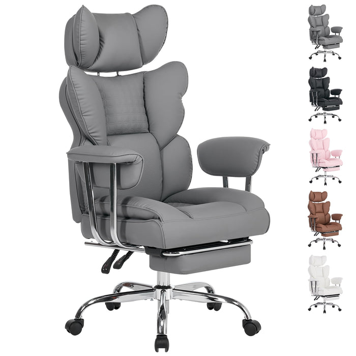 Big and Tall Office Chair, 350lbs Heavy Duty Ergonomic Reclining Desk Chair with Footrest, Fixed Padded Arms, High Back Leather Executive Computer Chair for Home Office, Gray