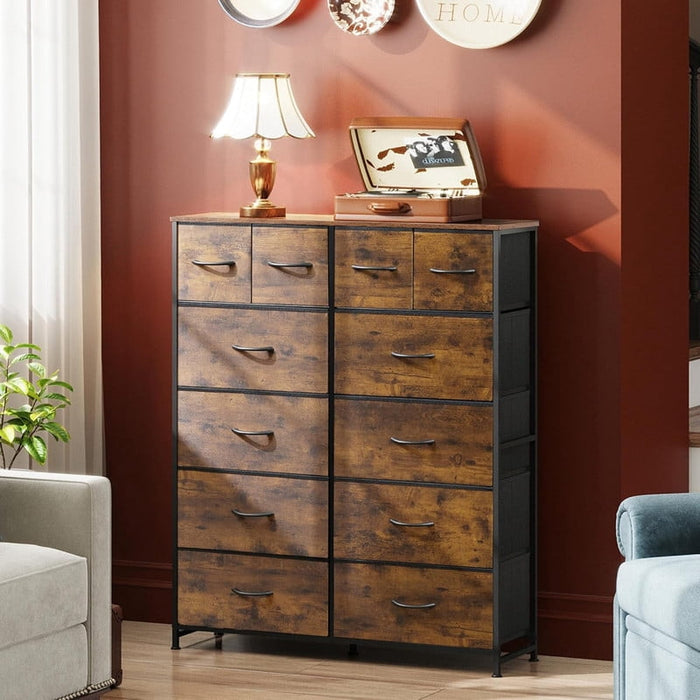 Bigleap 12-Drawer Tall Dresser, Fabric Storage Tower with Steel Frame & Wood Top – Space-Saving Chest for Bedroom, Closet, Entryway,Brown
