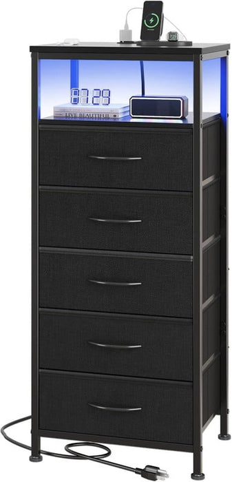 Simenmax Nightstand with Charging Station & LED Lights, 5 Drawer Bedside Table with Variable Light Strip, Modern Industrial Bedroom Furniture, Black