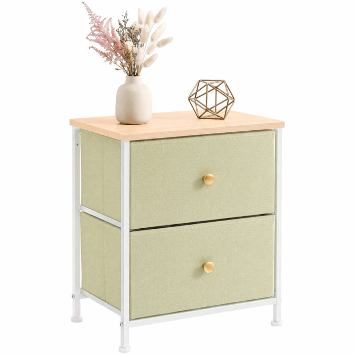 Betcozy 2-Drawer Fabric Nightstand Dresser, Modern Bedside End Table & Small Space Organizer, Wooden Top, Light Green